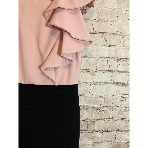 DKNY Midi Dress Womens 4 Pink & Black Colorblock Ruffle Shoulder Sheath Career - Picture 7 of 15